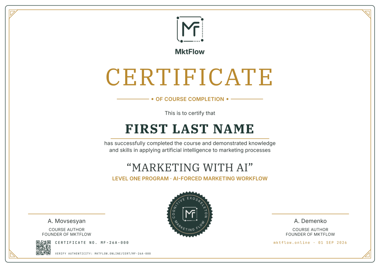 Sample MktFlow certificate for completing the Marketing with AI course